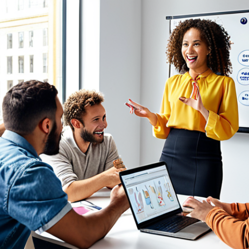 Home 19 **
A diverse group of people collaborating in a bright, modern office. Some are gesturing while discussing ideas on a whiteboard, others are working together on laptops. The overall feeling is positive, energetic, and focused on teamwork and communication.
**