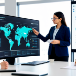 A diverse group of professional individuals, male and female, of varying ethnicities, fully clothed in modern, modest business attire, collaborating actively in a bright, contemporary open-plan office. They are gathered around a large interactive screen displaying complex data visualizations and design mockups, suggesting a multidisciplinary team. One person points thoughtfully at the screen, another takes notes, and a third observes with an analytical expression. The scene emphasizes seamless teamwork and the integration of diverse expertise, reflecting T-shaped skills. The background features blurred office equipment and natural light. Perfect anatomy, correct proportions, well-formed hands, proper finger count, natural body proportions, natural pose. Professional photography, high-resolution, sharp focus, vibrant colors, appropriate content, safe for work, professional, family-friendly.